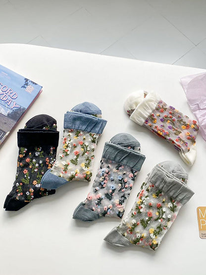 Lot de 5 paires de chaussettes fines en jacquard fleuri pour femme FG1017