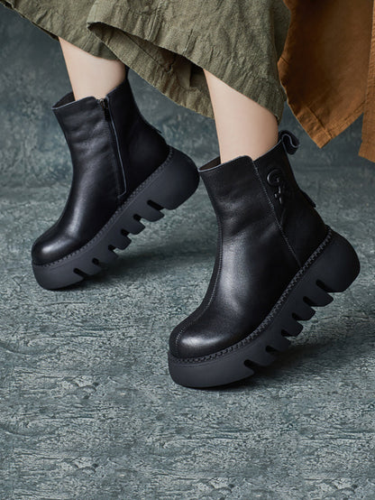 Bottes à plateforme rétro en cuir véritable pour femmes QM017