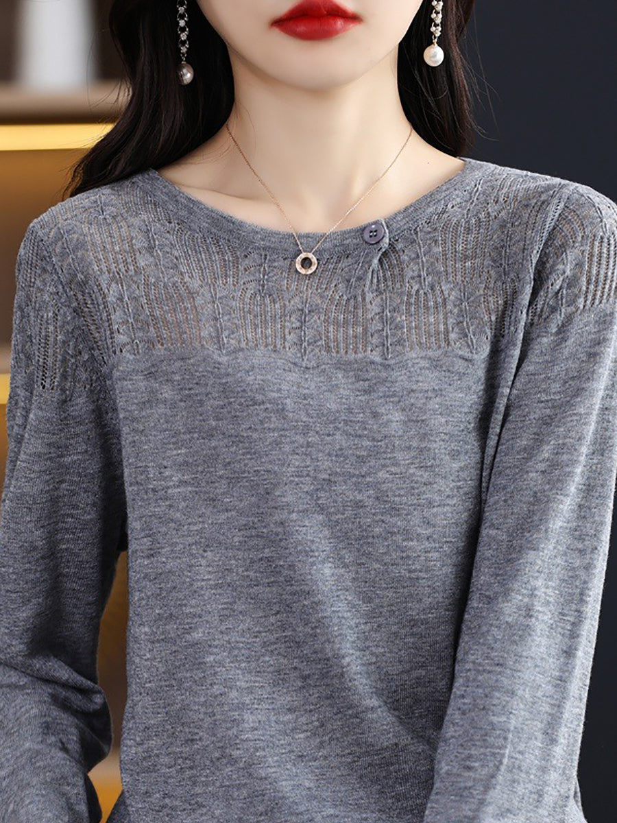 Women Autumn Solid Knit 100%Wool O-Neck Sweater QM019