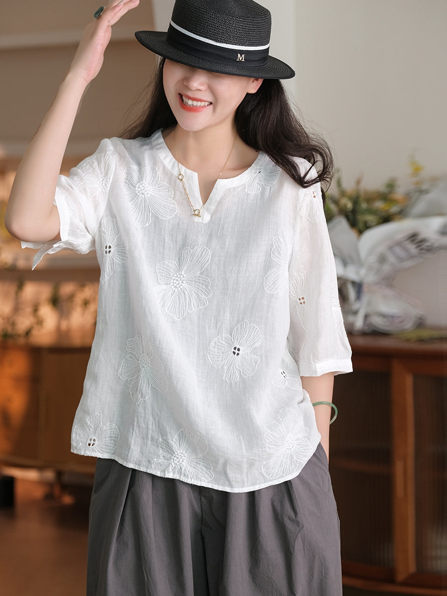 Women Summer Artsy Flower Embroidery Ramie Shirt TY1036