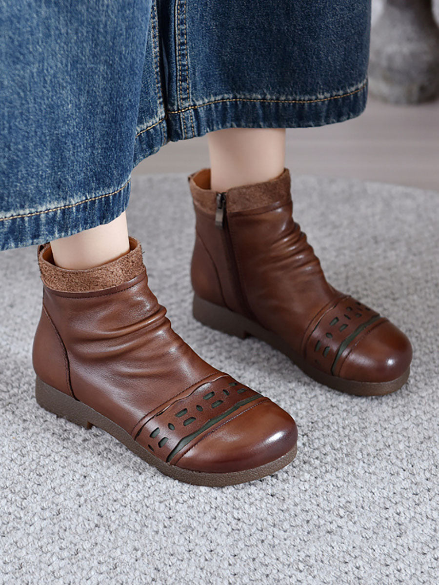 Women Vintage Leather Spliced Low Heel Ankle Boots AV1074