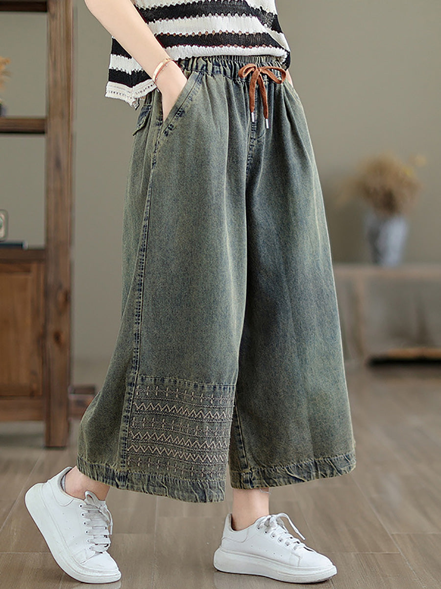 Women Summer Casual Embroidery Wide-leg Denim Pants CC010