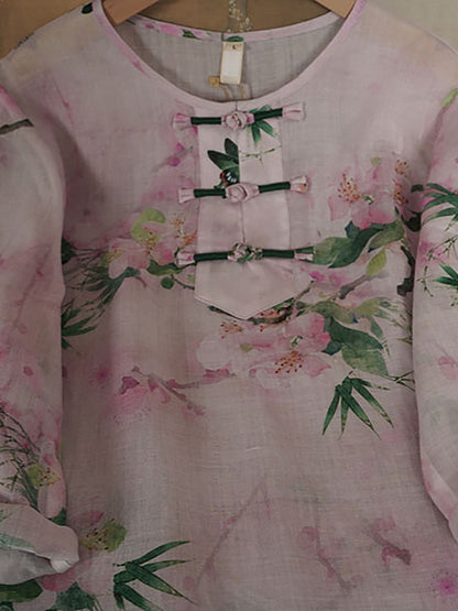 Chemise d'été à boucle en ramie à fleurs ethniques pour femmes PA1015