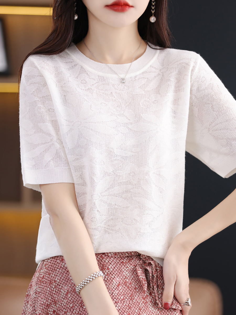 Women Summer Casual Flower Knitted Pullover Shirt WE1019