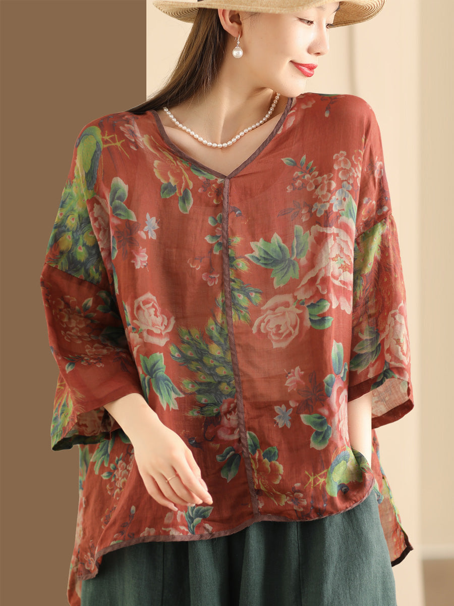 Women Vintage Floral V-Neck Linen Summer Shirt XX1014