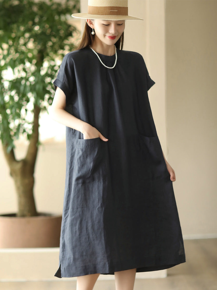 Women Summer Casual Solid Pocket O-Neck Linen Dress FD051