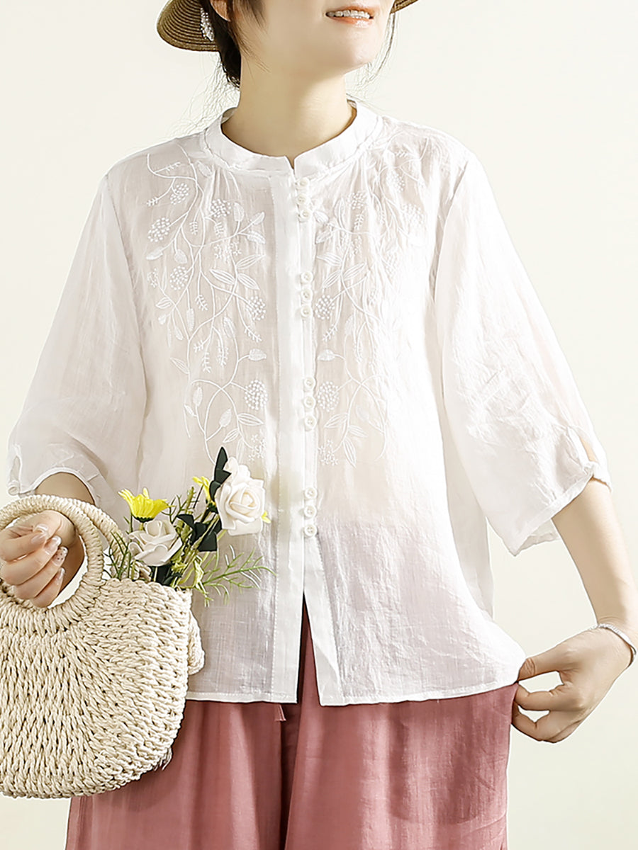 Women Summer Artsy Embroidery Button Ramie Shirt II1043