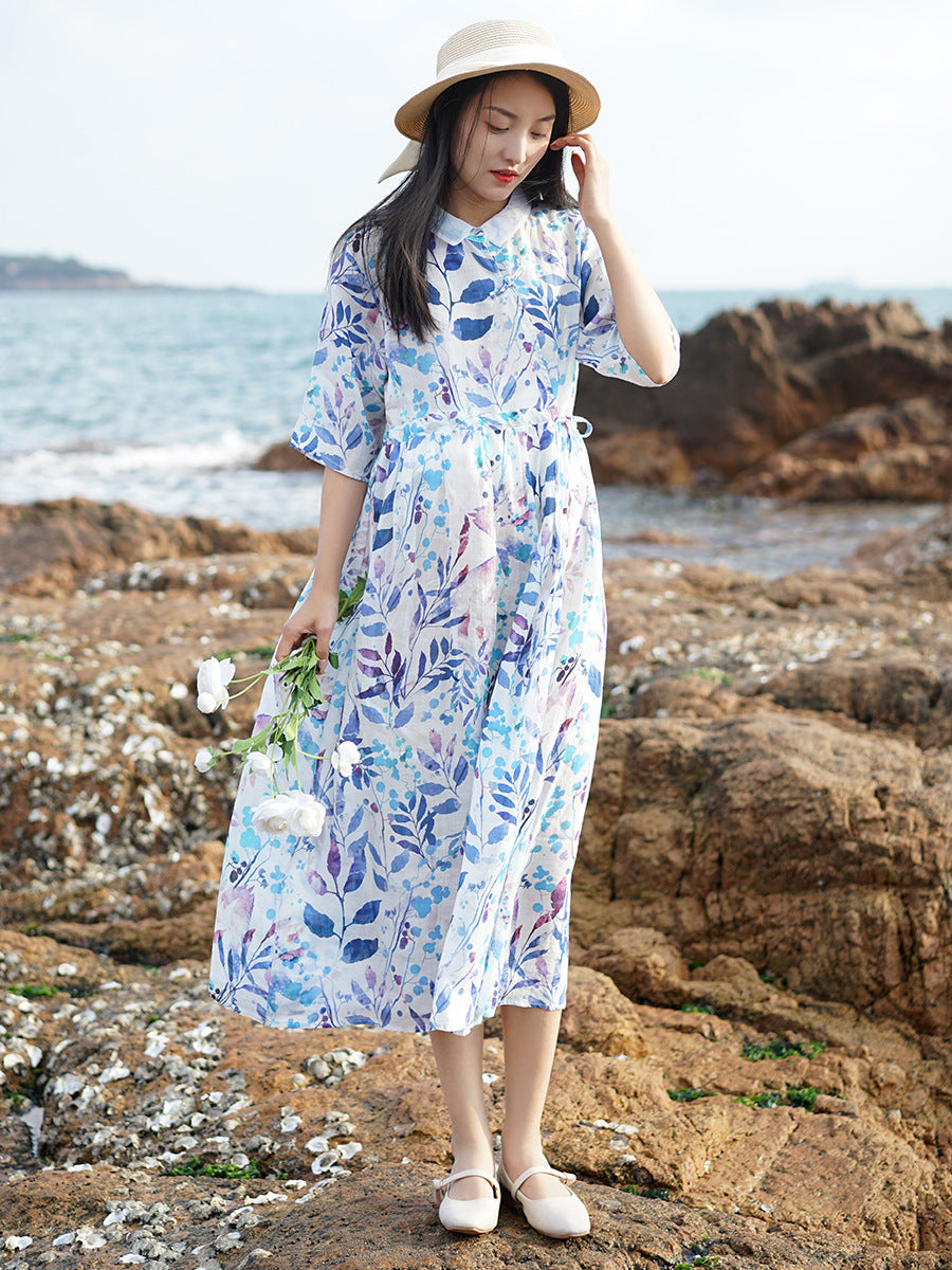 Women Summer Artsy Plant Print Strap Ramie Dress CC032