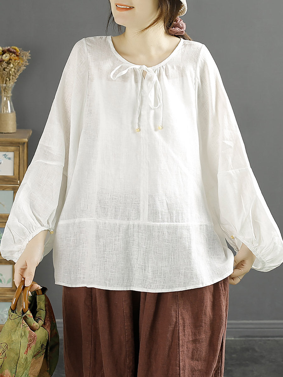 Plus Size Women Autumn O-Neck 100%Linen Loose Blouse AK1001