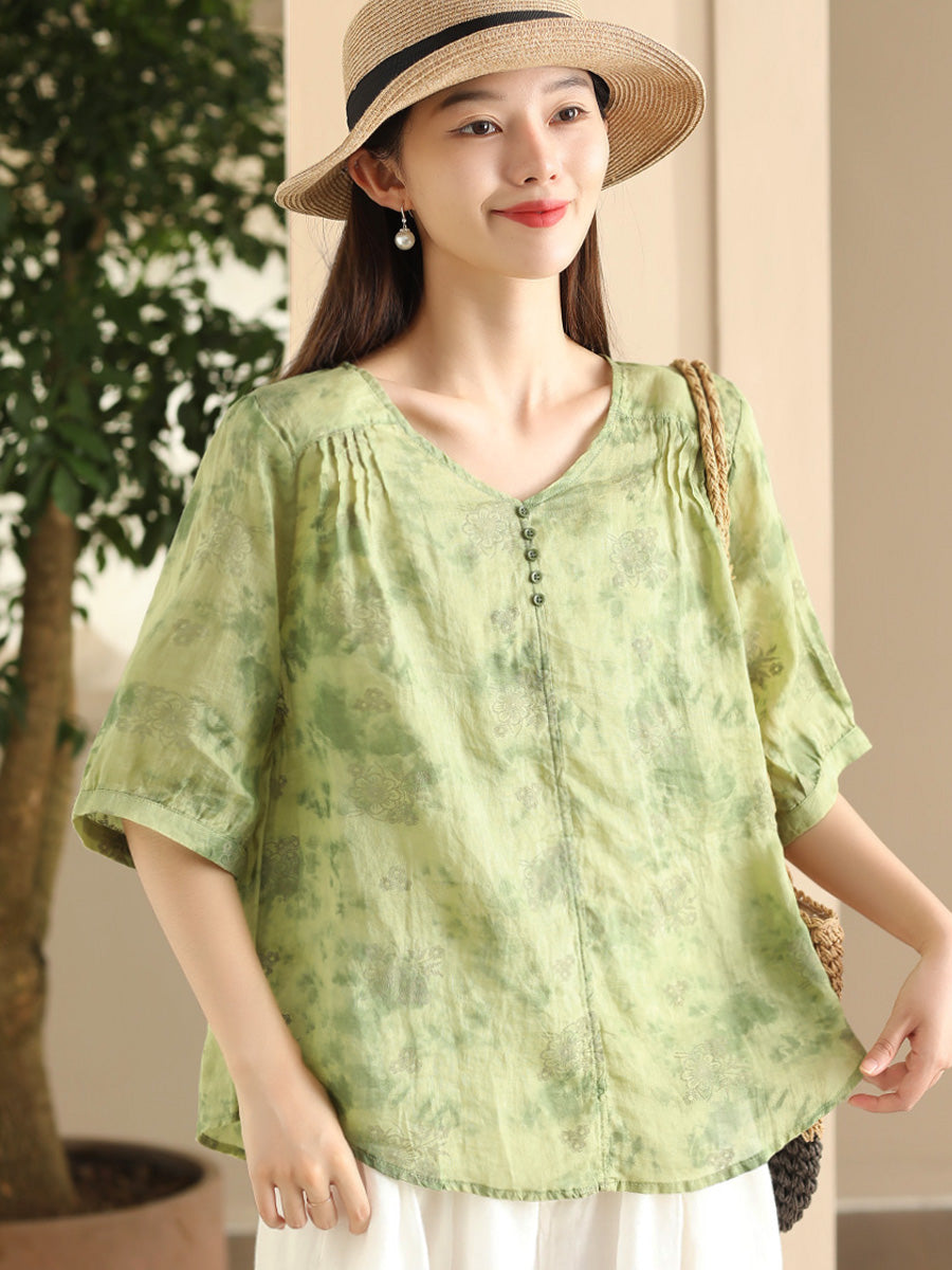 Women Summer Artsy Flower V-Neck Thin Ramie Shirt FD004