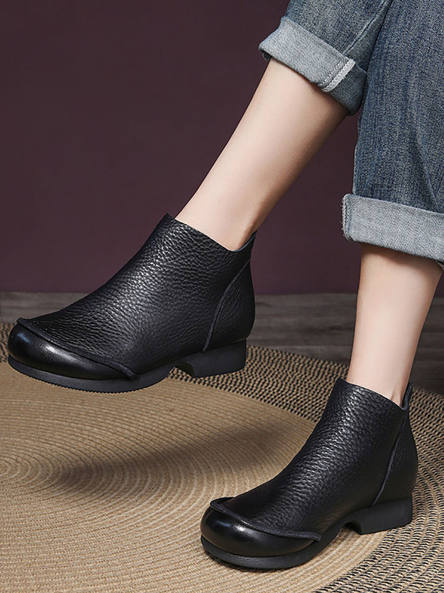 Women Elegant Solid Leather Spliced Low Heel Boots BA1069