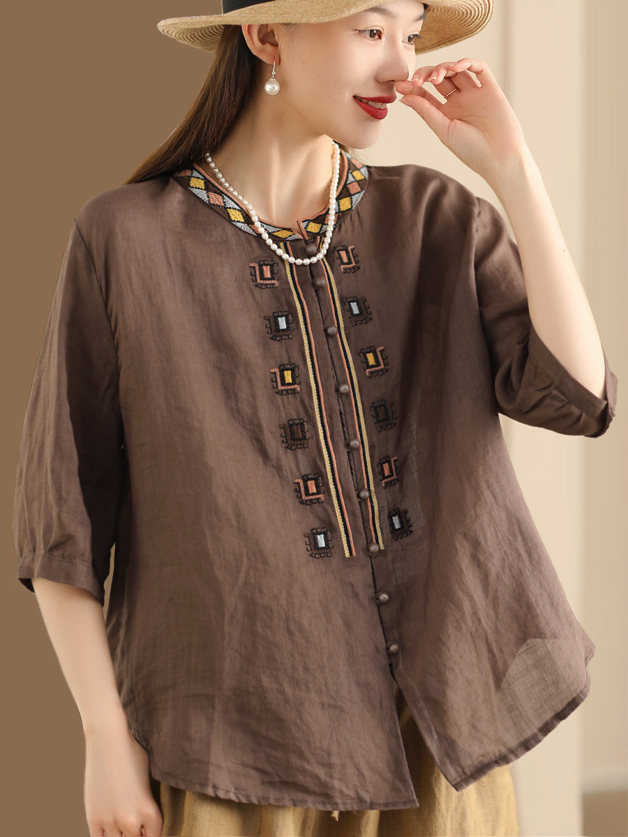 Women Summer Ethnic Embroidery Ramie Shirt ZZ1053