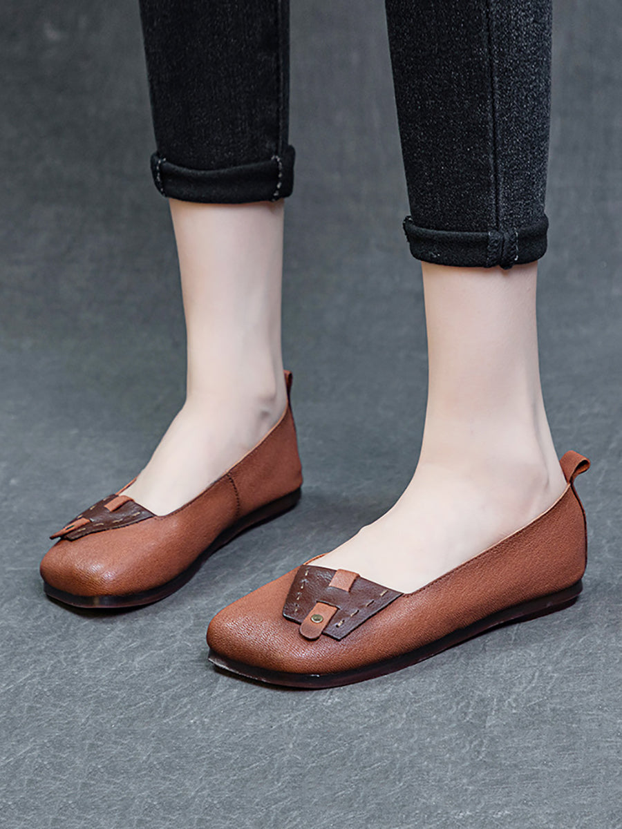 Women Summer Ethnic Colorblock Leahter Soft Flat Shoes KL1025