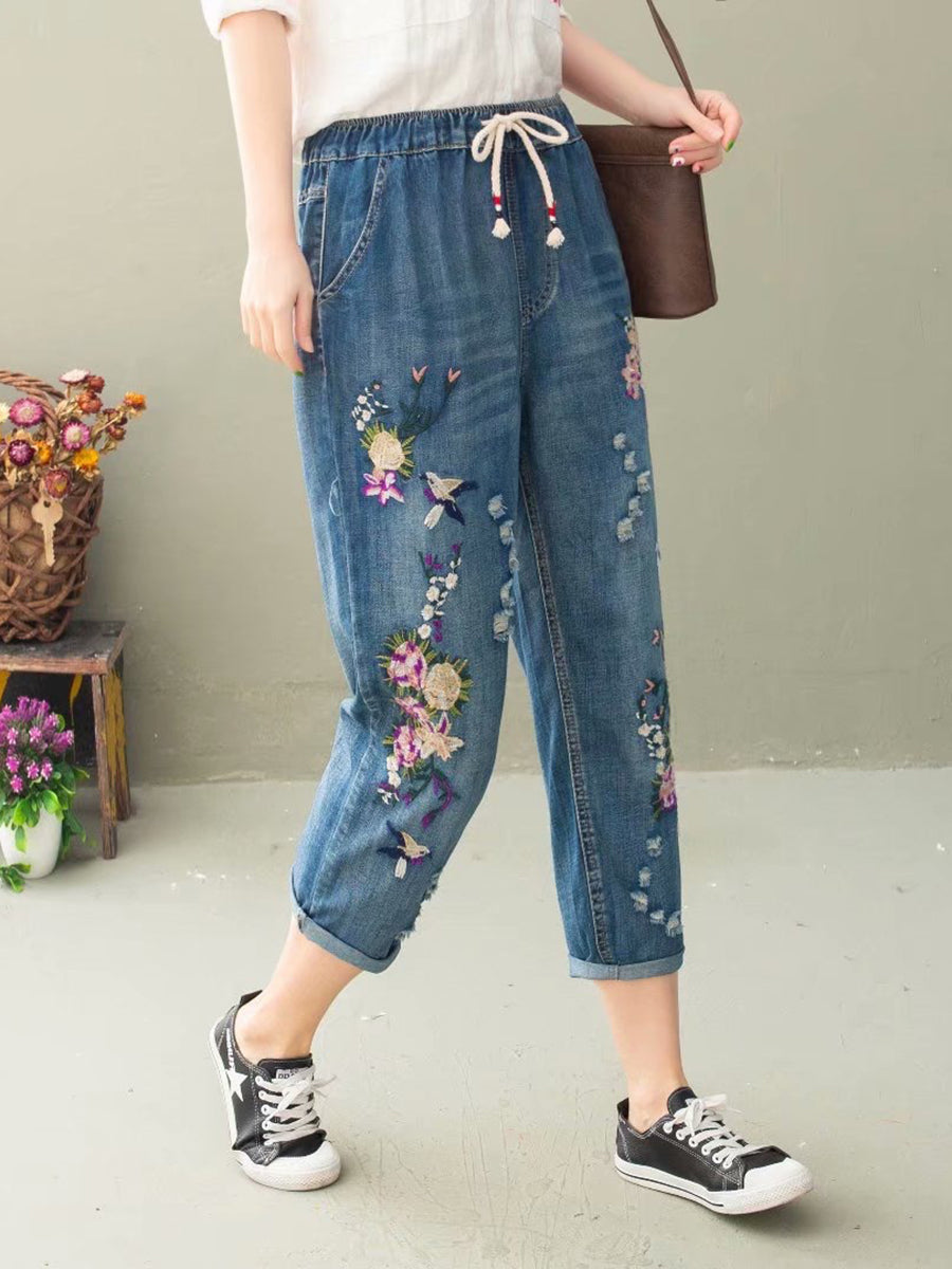 Women Summer Casual Flower Embroidery Denim Harem Pants IO1022