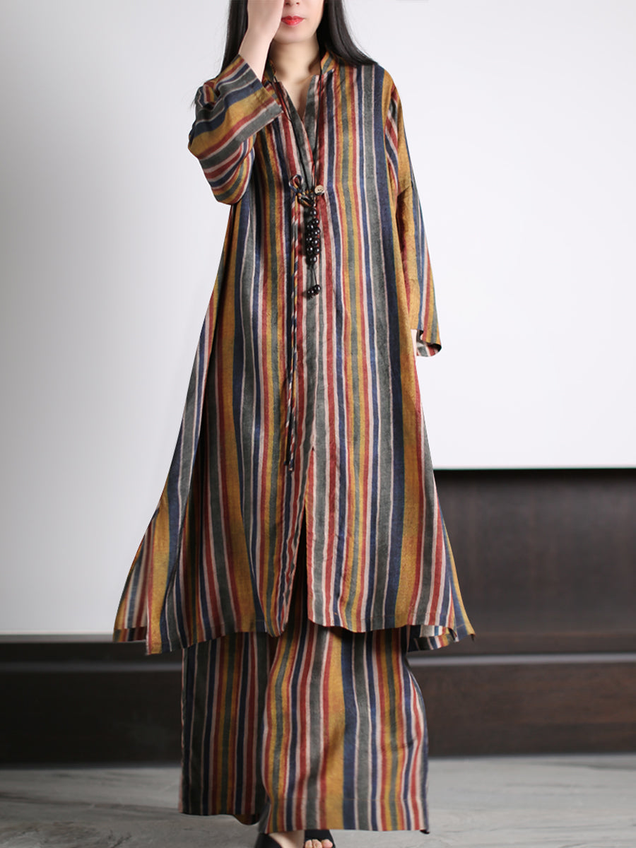 Plus Size Women Vintage Stripe Loose Long Shirt+Pants XX1029