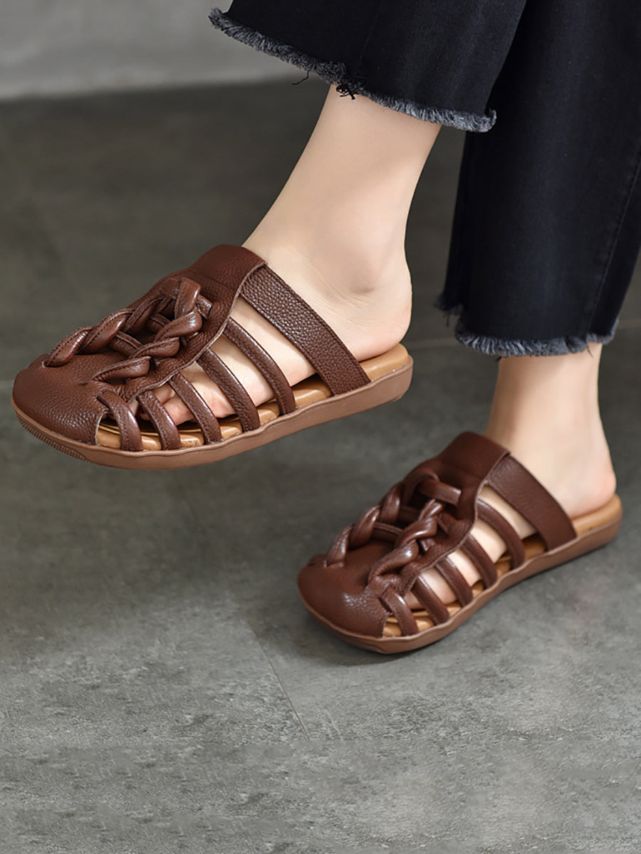 Women Summer Solid Leather Spliced Flat Slippers BN1002