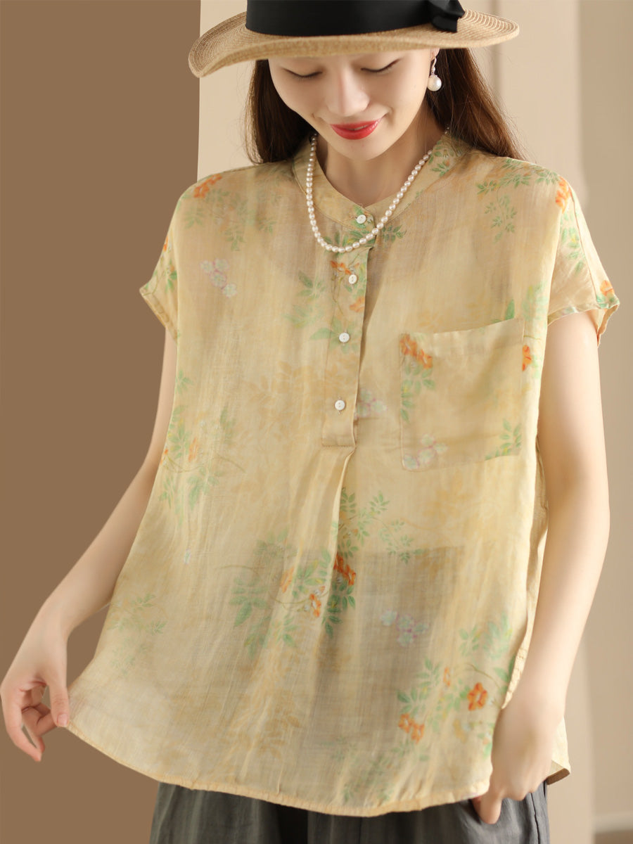 Women Summer Vintage Ramie Print Button-up Ramie Shirt OP1041