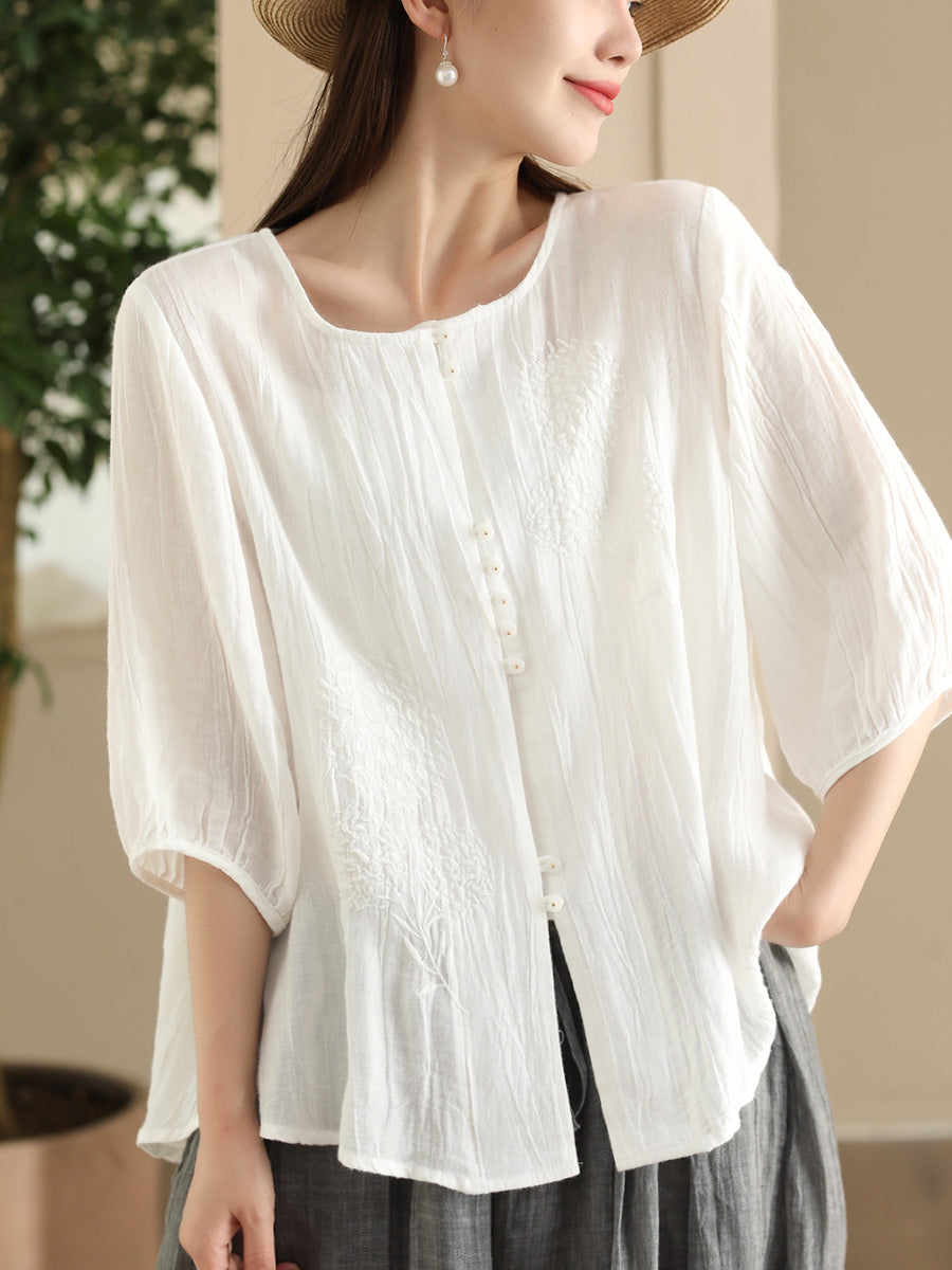 Women Summer Vintage Embroidery Solid Button Ramie Shirt FD012