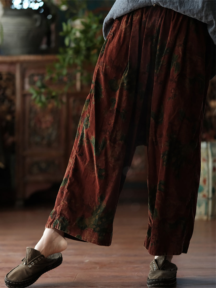 Women Autumn Retro Flower Cotton Wide-leg Pants  AS1024