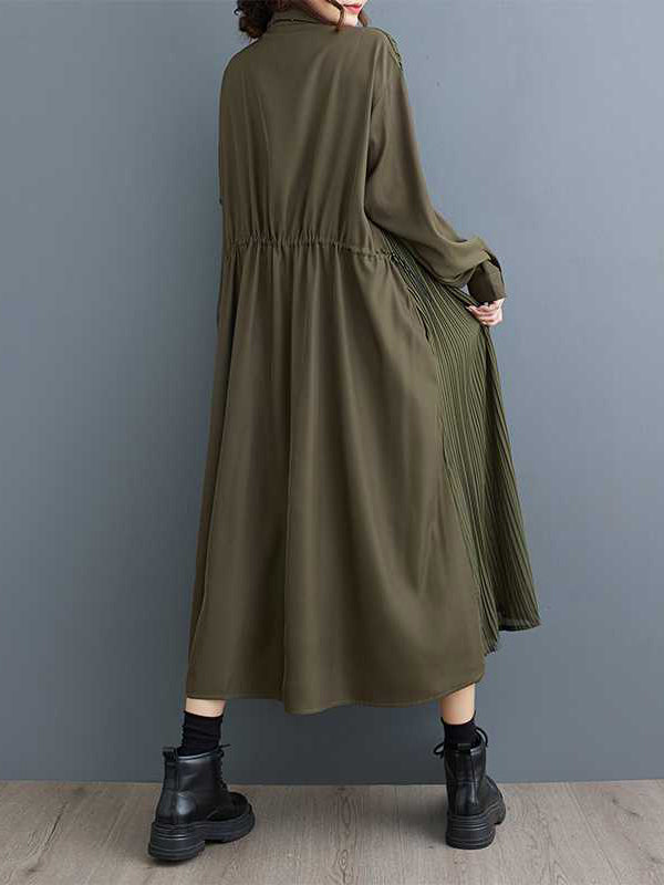 Stylish Army Green Lapel Buttoned Pleated Pockets Long Sleeves Shirt Dress WS001