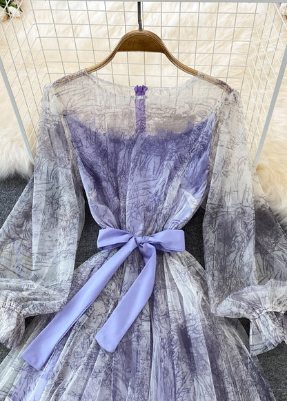 Robe longue violette en tulle à col rond et manches bouffantes AJ1038 