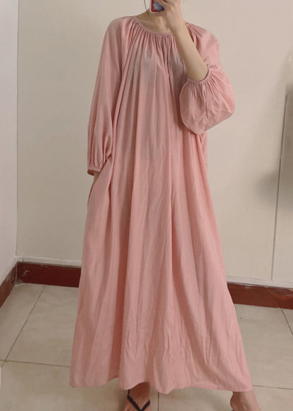 Robe longue rose froissée à poches et manches longues pour femme TT1044 