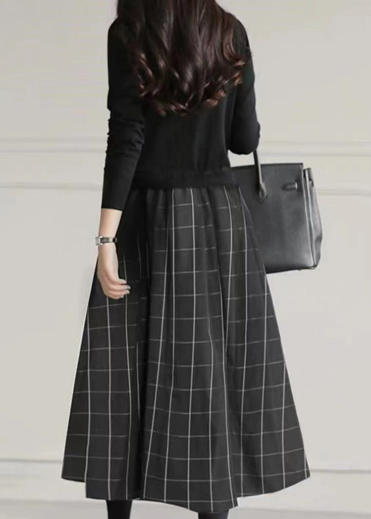 Große Fake Knit Patchwork Zwei Extra Stück Saum Kleider Schwarz Tailliert 