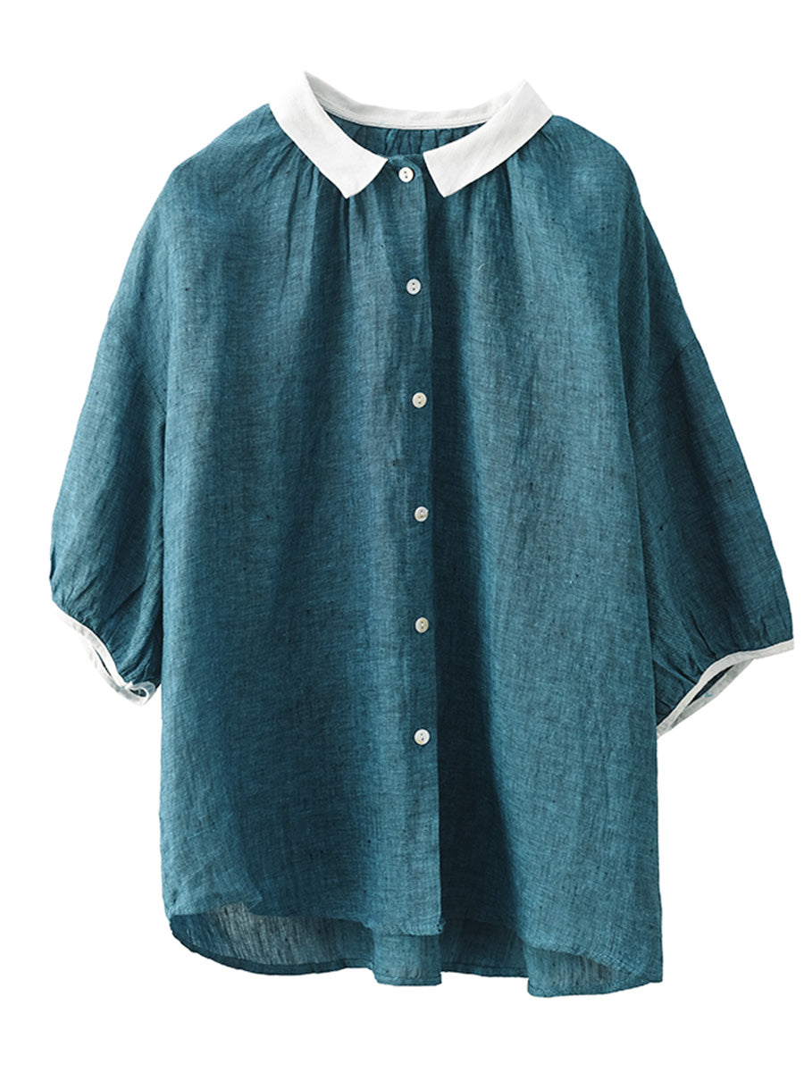 Women Summer Artsy Colorblock Button-up Linen Shirt XX1009