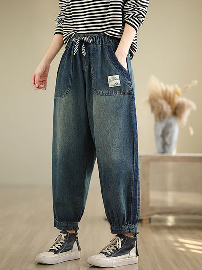 Pantalon sarouel en denim délavé à poches décontractées pour femmes AT1003