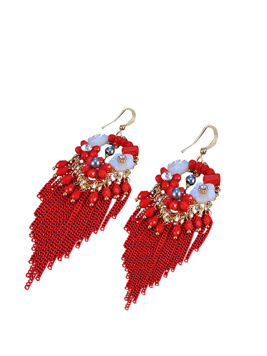 Bohemia Women Tassel Bead Flower Alloy Earrings FD011