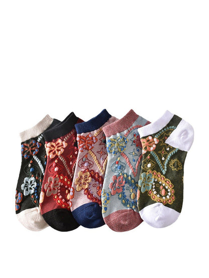 Lot de 5 paires de chaussettes courtes en jacquard fleuri pour femme CO1040