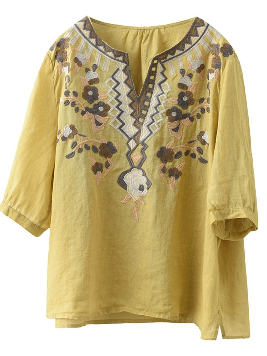 Women Summer Ethnic Flower Embroidery Ramie Shirt TY1006