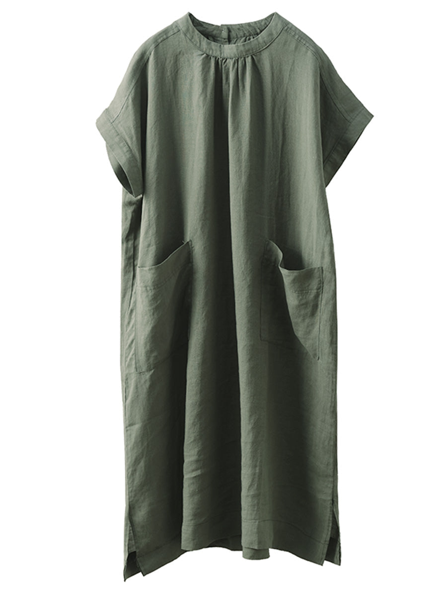 Women Summer Casual Solid Pocket O-Neck Linen Dress FD002