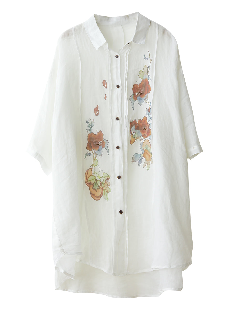 Damen Sommer Artsy Flower Shirred Button-up Ramie Shirt LL041