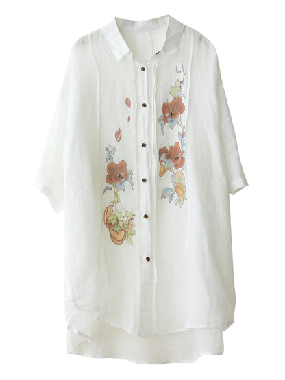 Chemise d'été en ramie à boutons et fronces pour femme, motif floral artistique LL041