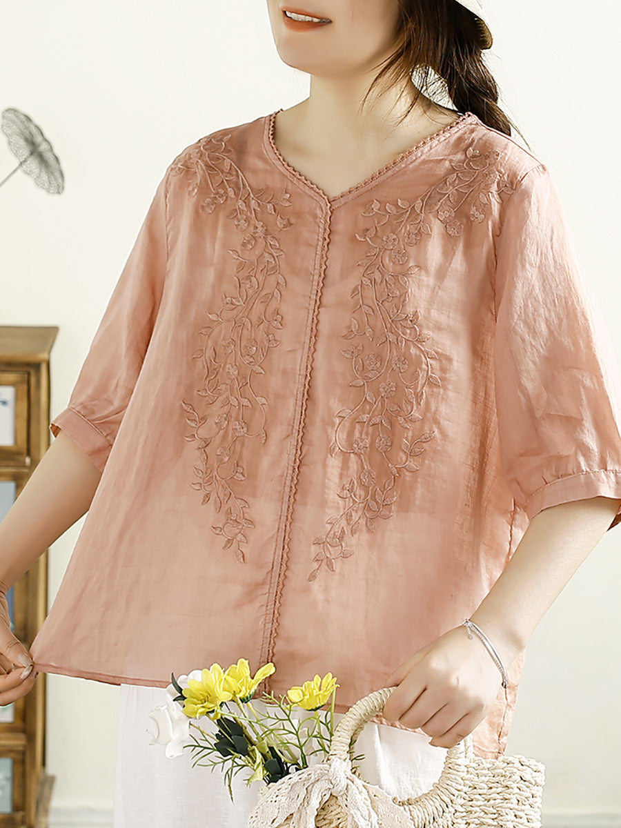 Women Summer Artsy Embroidery V-Neck Ramie Shirt PP1020