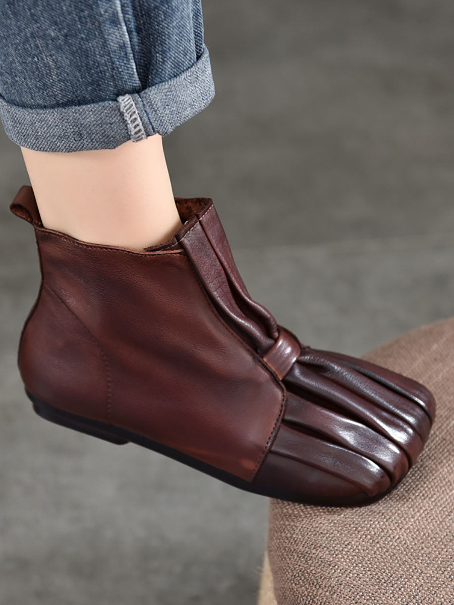 Women Soft Leather Shirred Square Toe Ankle Boots AV1069