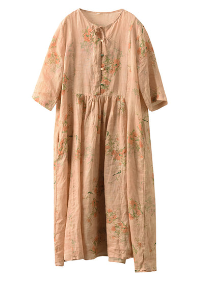 Robe d'été à col rond et imprimé floral pour femme en ramie FD015