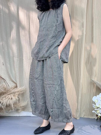 Plus Size Women Vintage Lattice Summer Cotton Linen Suits IO1030