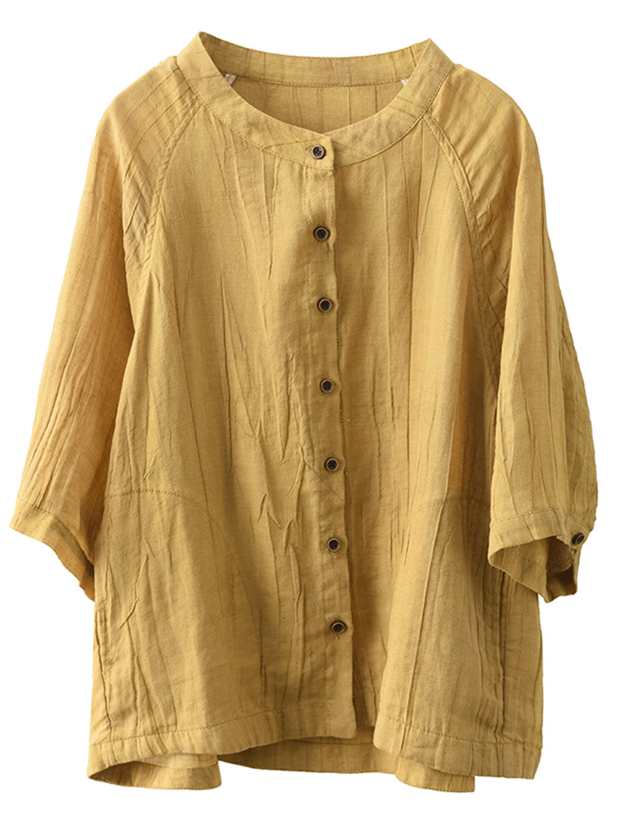 Women Summer Retro Solid Linen Button-up Shirt XX1012