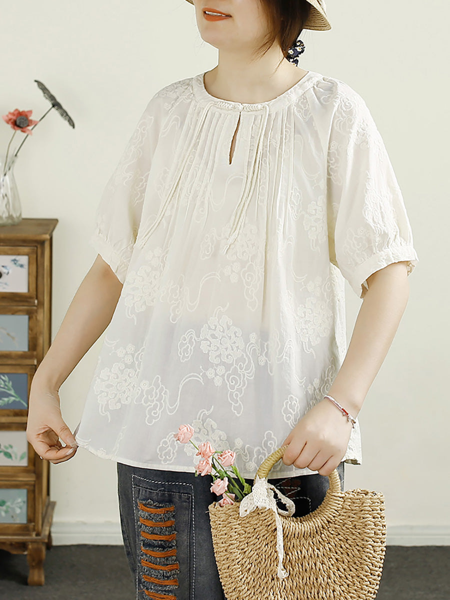 Women Summer Vintage Shirred Embroidery Cotton Shirt HH044