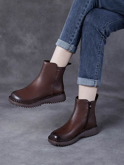 Bottes mi-talons rétro en cuir véritable avec fermeture éclair pour femmes AH1078