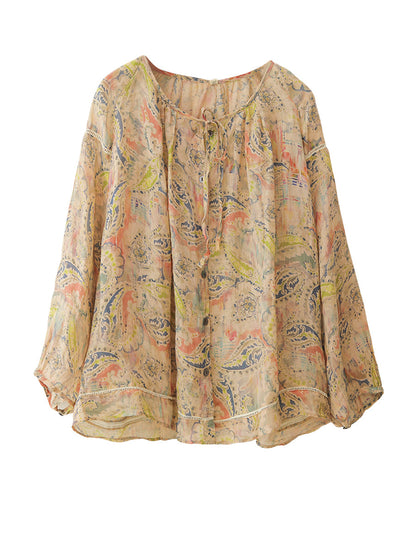 Chemise d'été boutonnée en ramie à fleurs vintage pour femmes RR1013