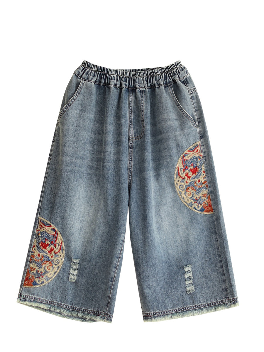 Damen Sommer Stickerei Knielange Jeanshose IO1023