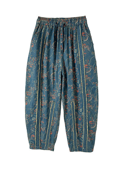 Pantalon en denim patchwork sarouel femme rétro fleuri 