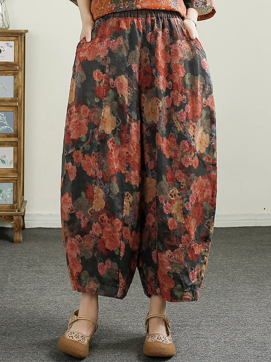 Women Summer Retro Floral Print Ramie Harem Pants CX052