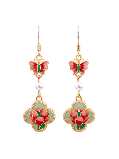 Boucles d'oreilles vintage en émail et perles pour femme, motif papillon et fleur, AH1086