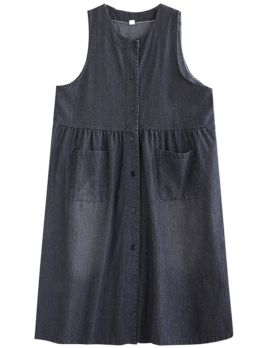 Damen Sommerkleid aus einfarbigem Denim mit Knopfleiste, Weste, OP1040