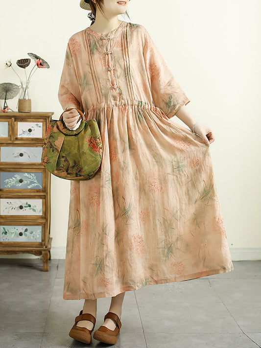 Women Summer Artsy Floral Shirred Ramie Dress QW1043
