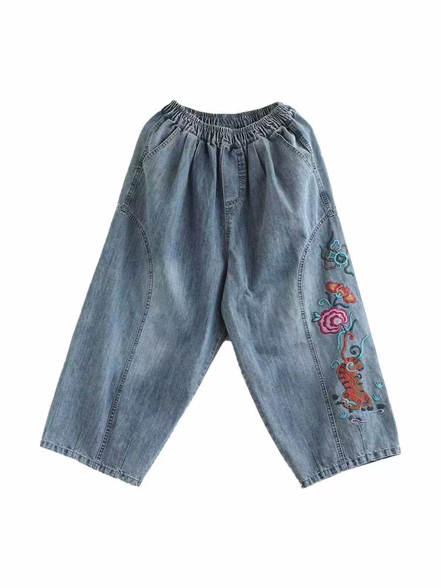 Damen Artsy Blumenstickerei Denim Haremshose AS1006